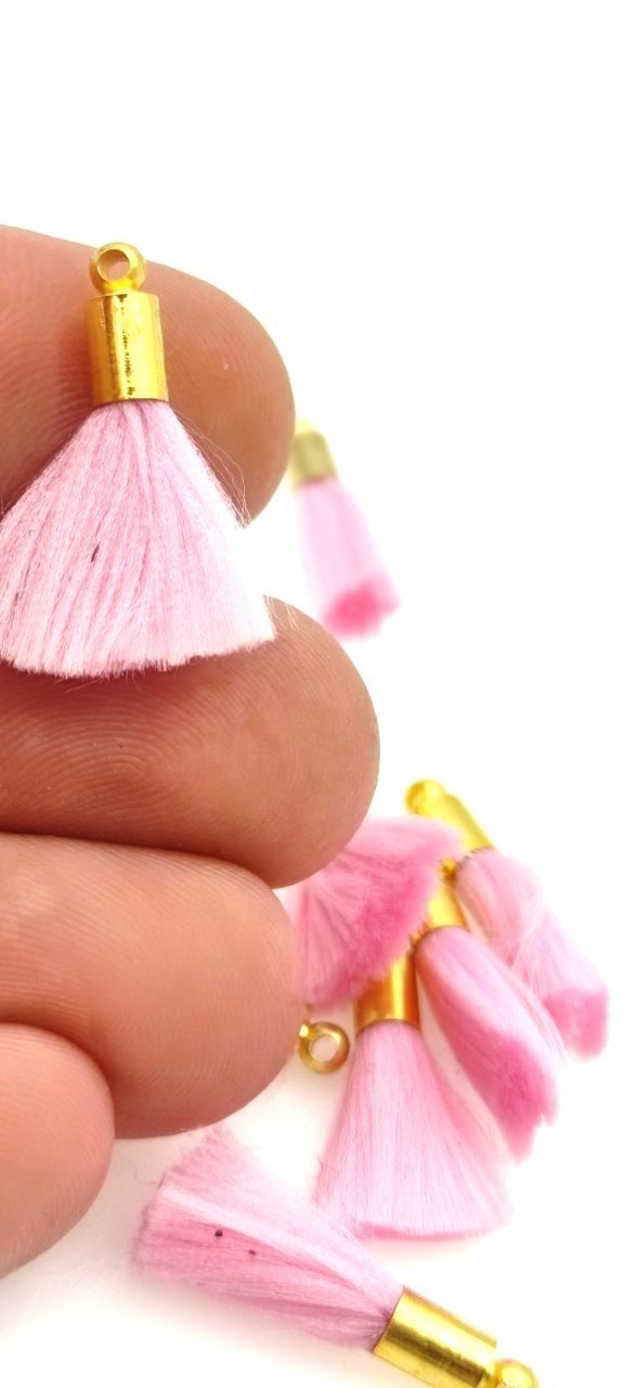 Altın Kaplama Mini İpek Püskül - Pembe