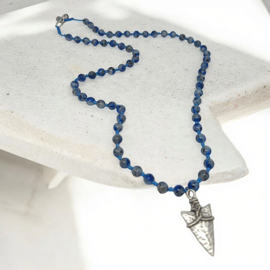 Doğal Taşlı İpli Düğümlü Antik Gümüş Viking Unisex Kolye