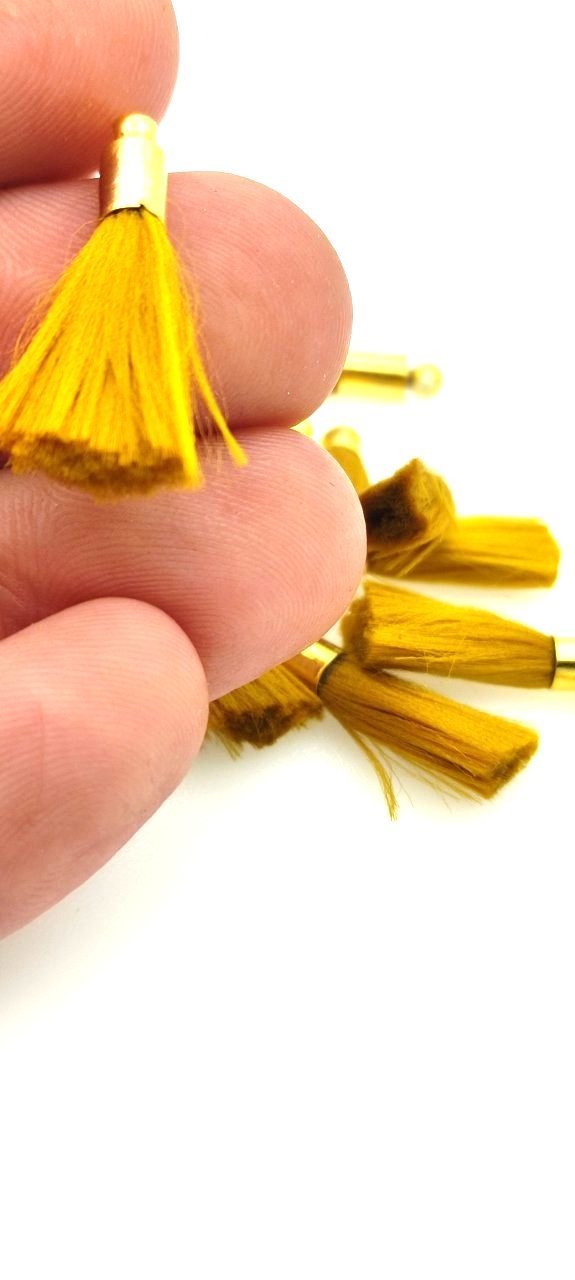 Altın Kaplama Mini İpek Püskül - Hardal Rengi