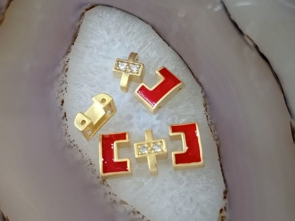 Taşlı Bileklik Ara Malzemesi Mat Altın Kaplama Oval Kırmızı