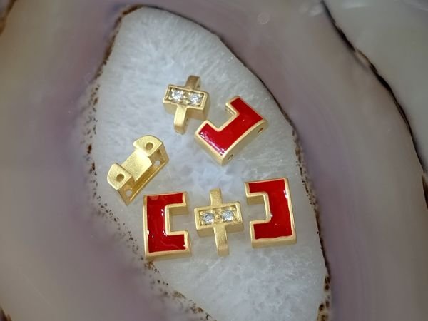 Taşlı Bileklik Ara Malzemesi Mat Altın Kaplama Oval Kırmızı