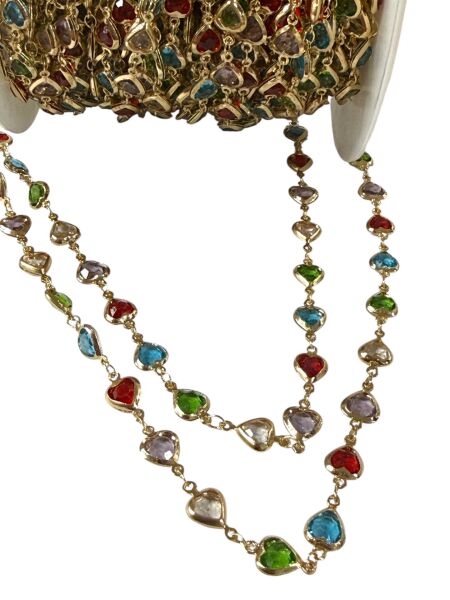 Karışık Kırmızı Kalp Taşlı Zincir (1 Metre)