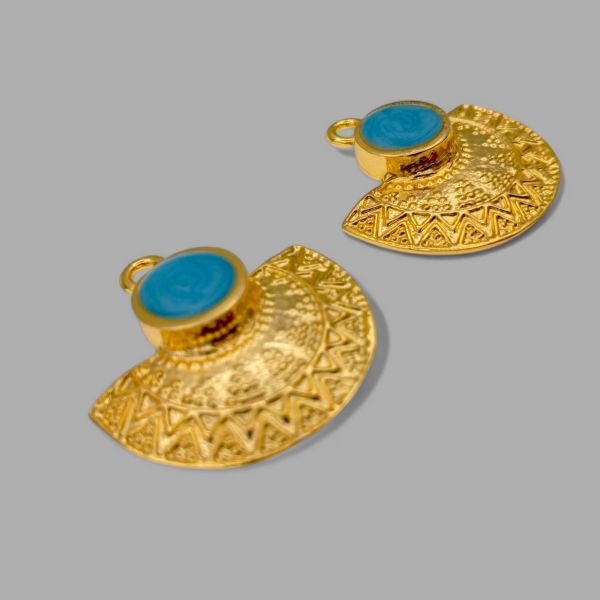 Madalyon Kolye Ucu Antik Mat Altın Mavi