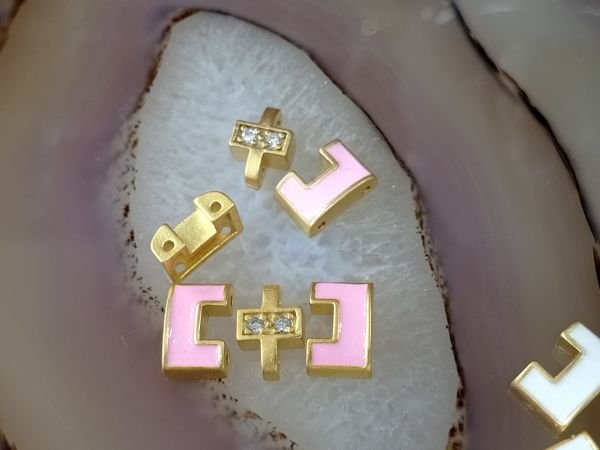 Mineli Bileklik Ara Malzemesi Parlak Altın Kaplama Oval Pembe