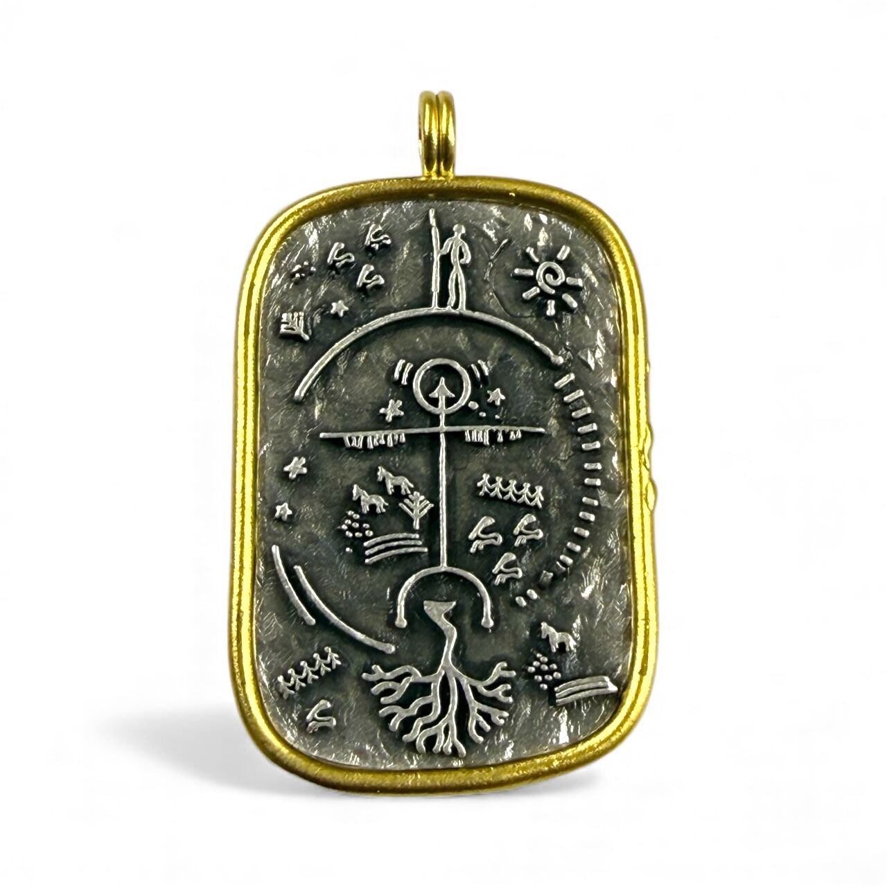 Mat Altın Kaplama Çerçeveli Antik Gümüş Kaplama Şaman Davulu Sallantı